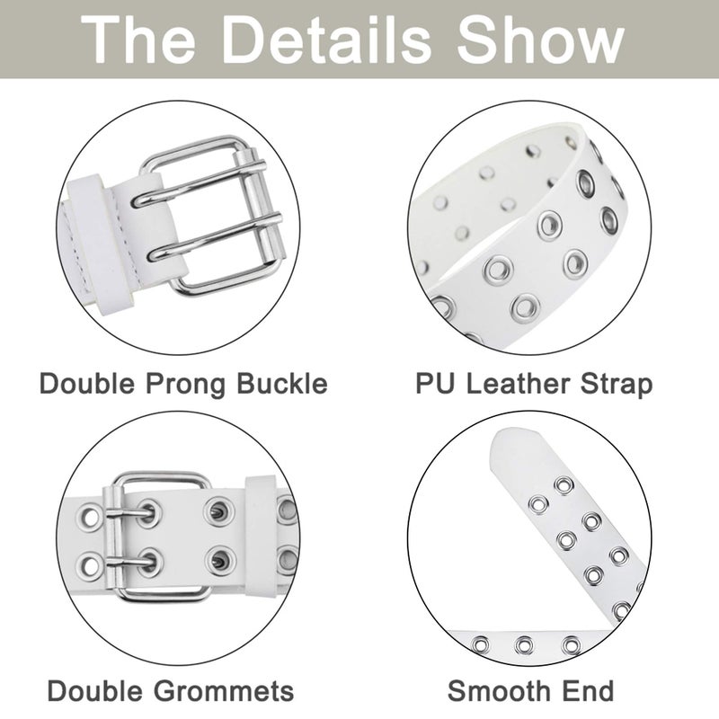 macoking Womens Belts for Jeans, Studded Double Grommets Leather Belt Women Men-White M - Image 3